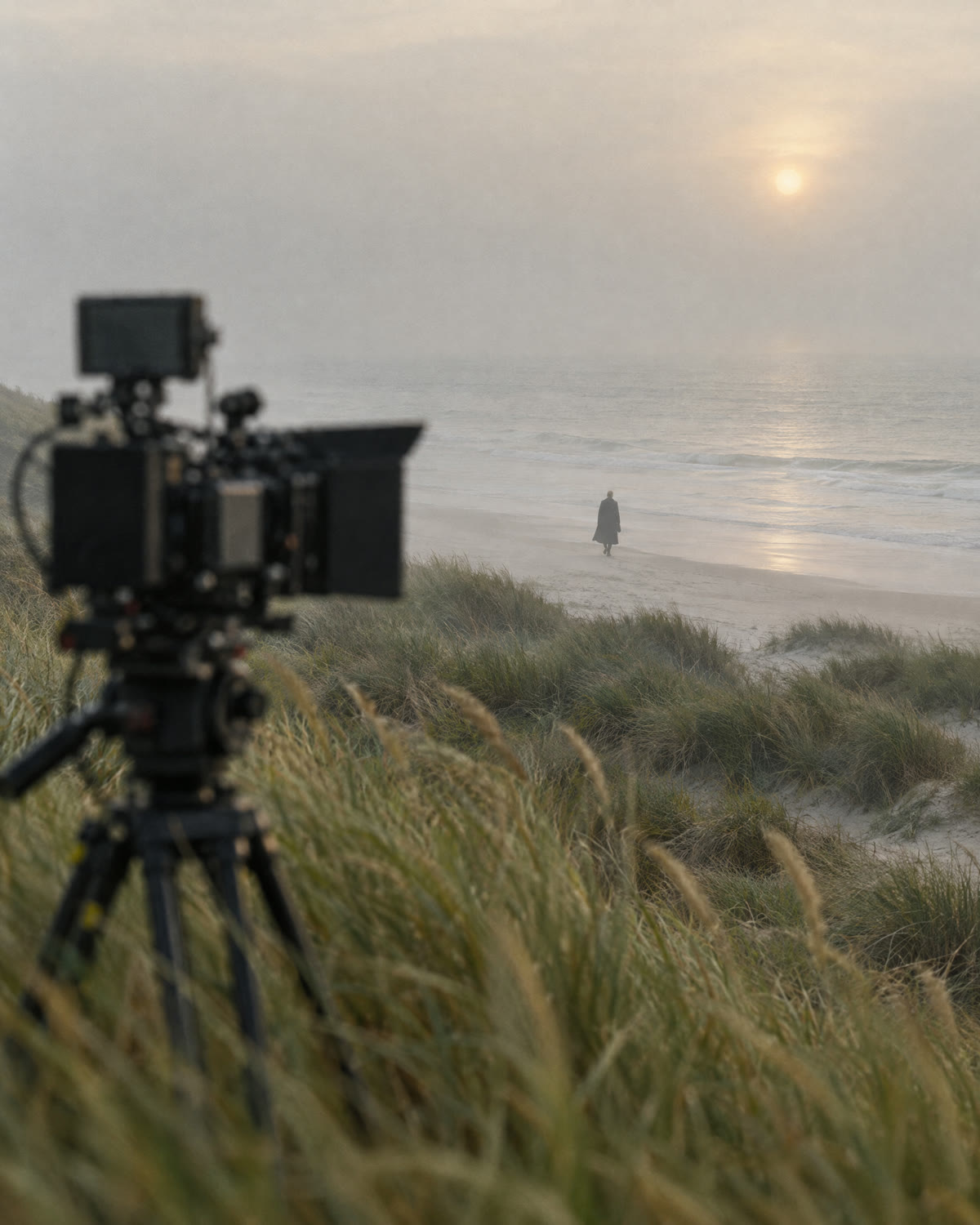 Dreh in den Dünen: im Vordergrund eine Filmkamera im Strandhafer, dahinter eine Person im Mantel am nebligen Strand