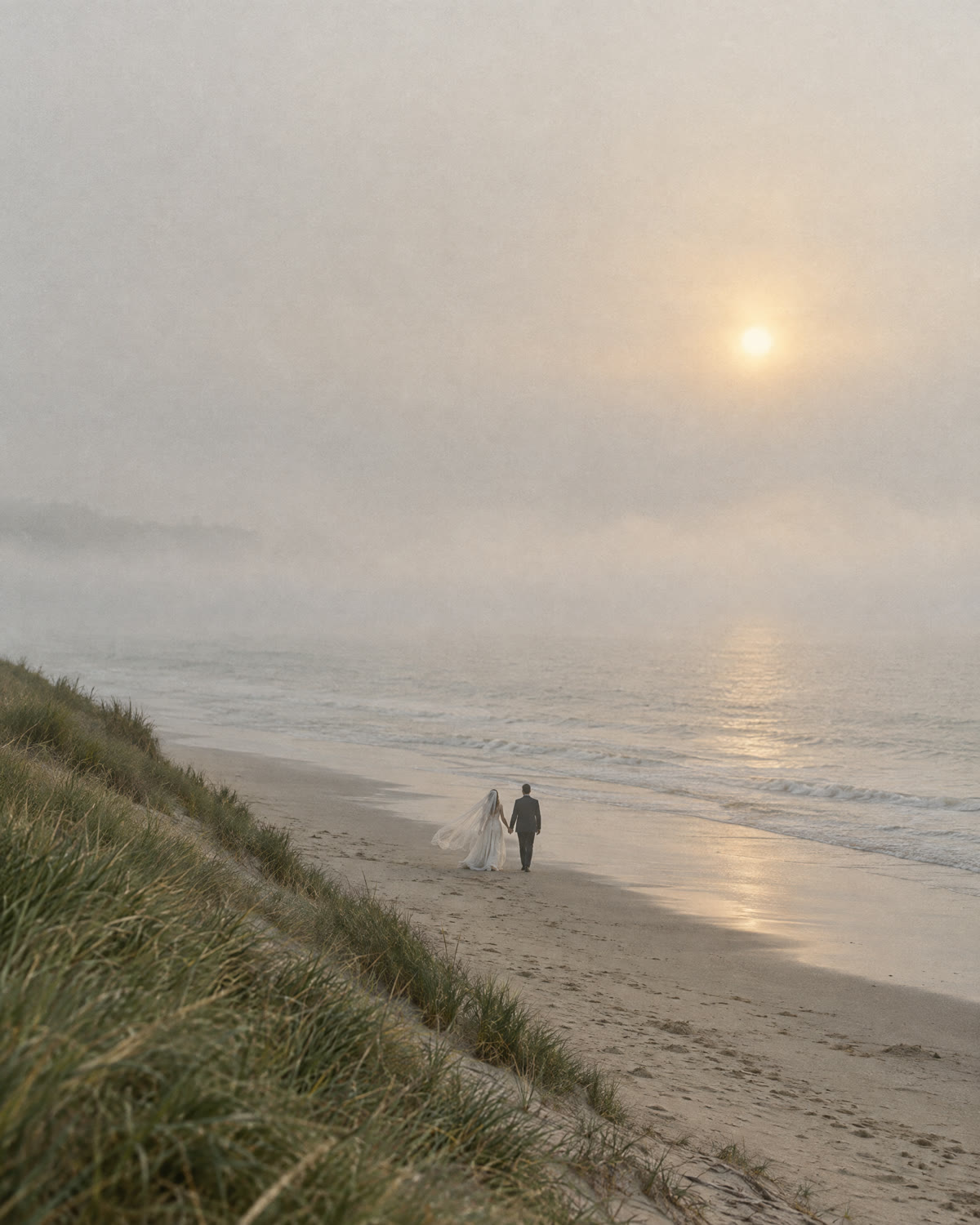 Ein Brautpaar läuft Hand in Hand am Nordseestrand durch den Morgennebel