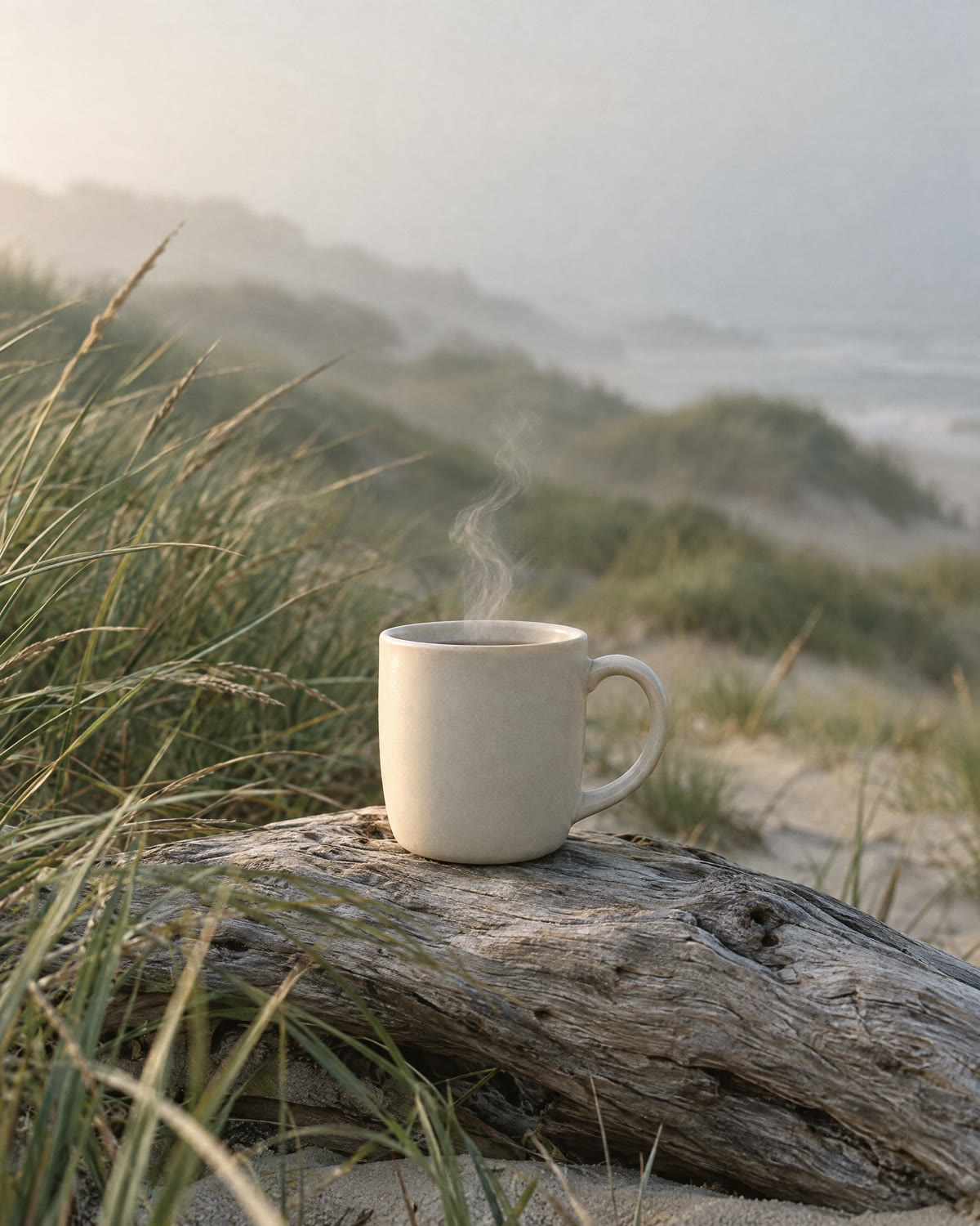 Produktfoto: eine schlichte Keramiktasse mit Kaffee auf Treibholz zwischen Dünengras