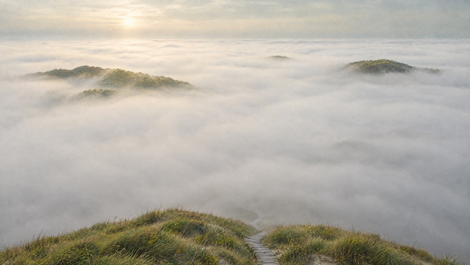 Dünen, die aus einem Nebelmeer ragen, bei Sonnenaufgang