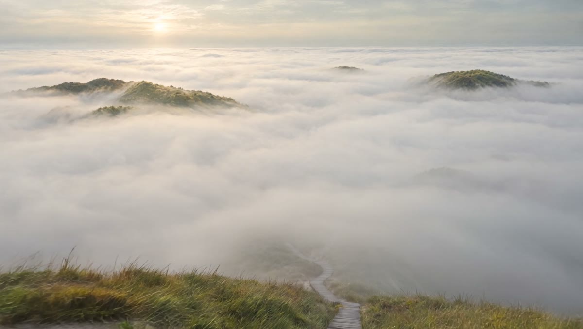 Blick von oben auf ein Nebelmeer über den Dünen bei Sonnenaufgang